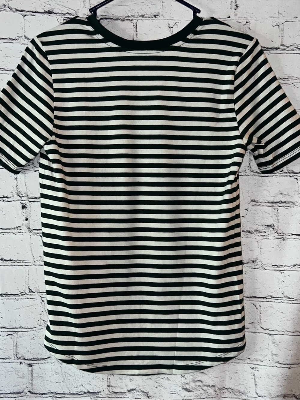 Universal Standard NWT V-Rex Short Sleeve Tee Striped Dark Green Beige - Picture 2 of 6